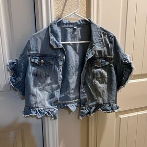 Miss Moly Women’s Denim Jacket Ruffle Sleeve Button Down Distressed Cropped